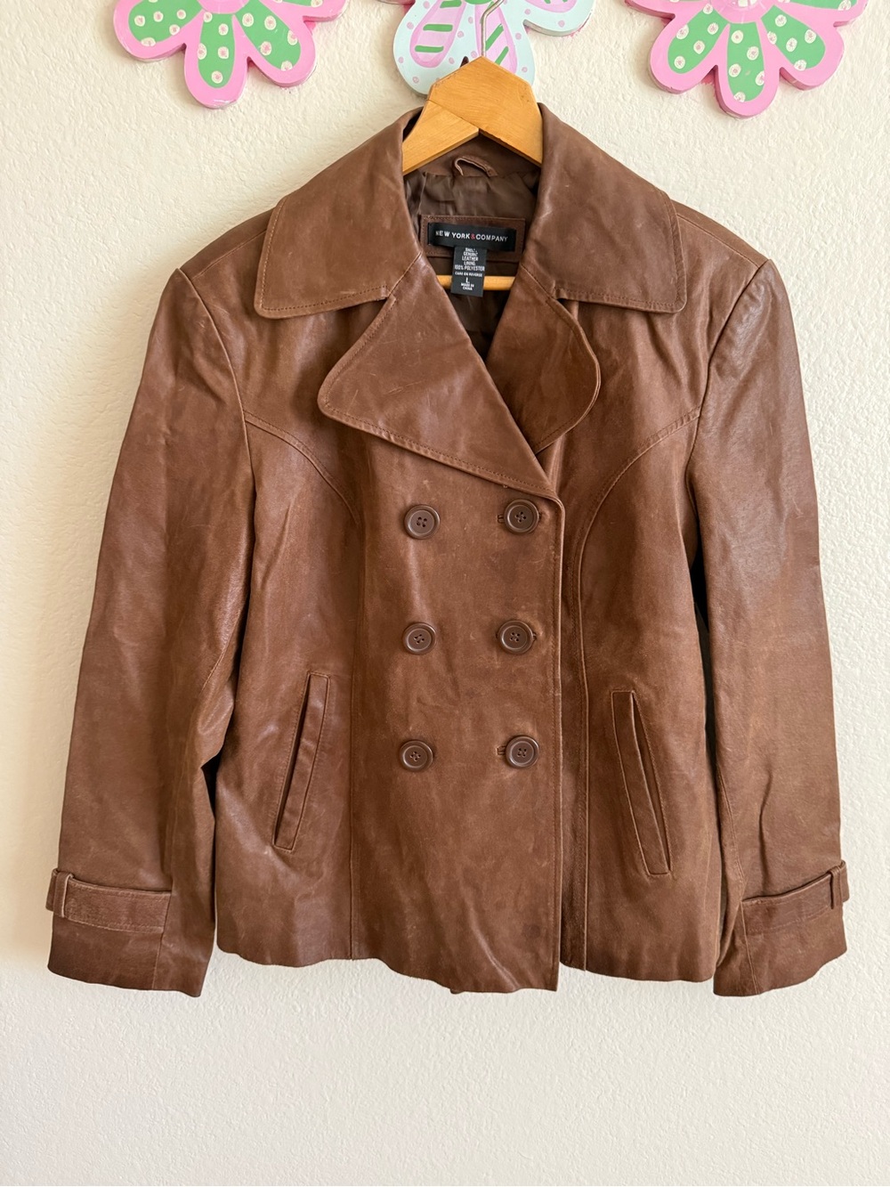New York & Company Chestnut Brown Double-Breasted Leather Jacket Size L